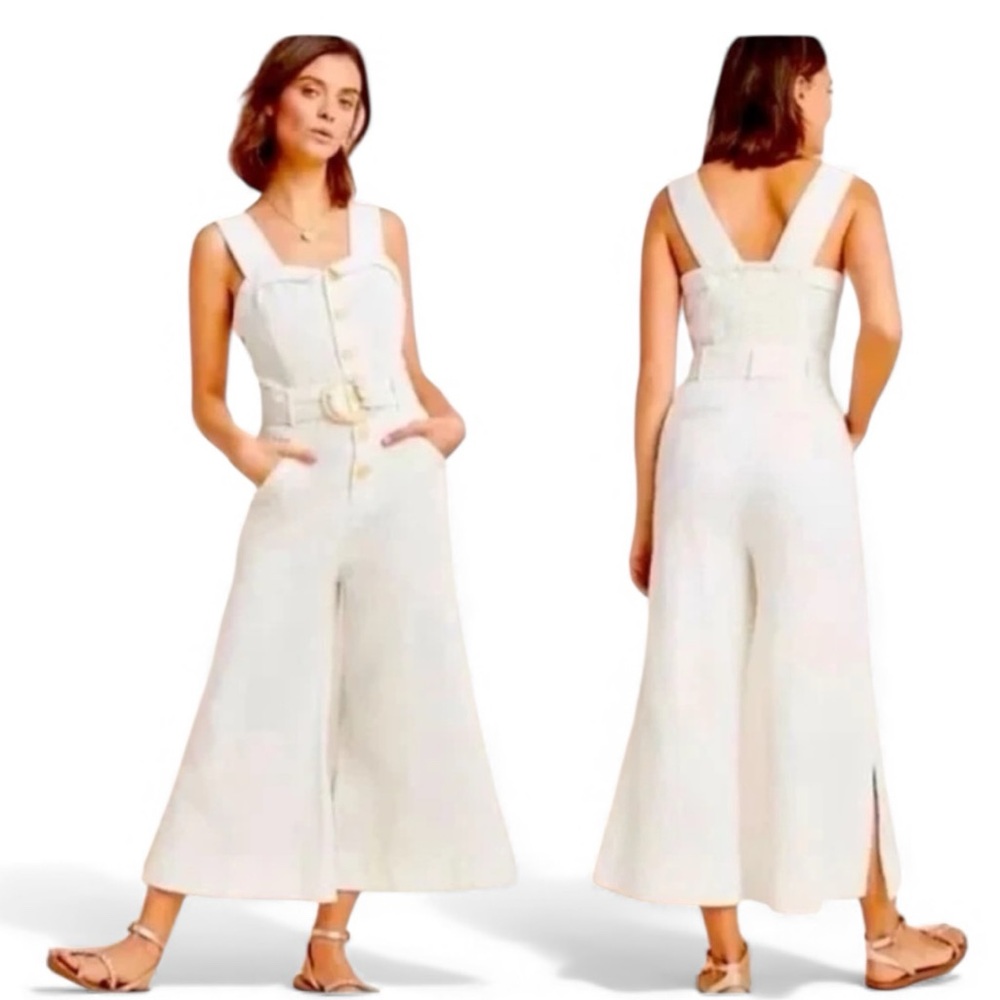 Anthropologie Cape Cod ivory / cream Jumpsuit wide‎ leg linen blend Sz 0